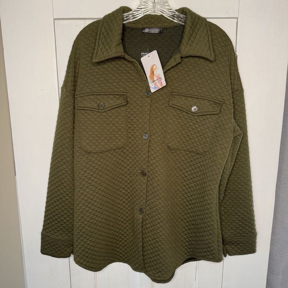 Pretty Garden Women's Size Large Green Quilted Button Up Jacket Coat Shacket